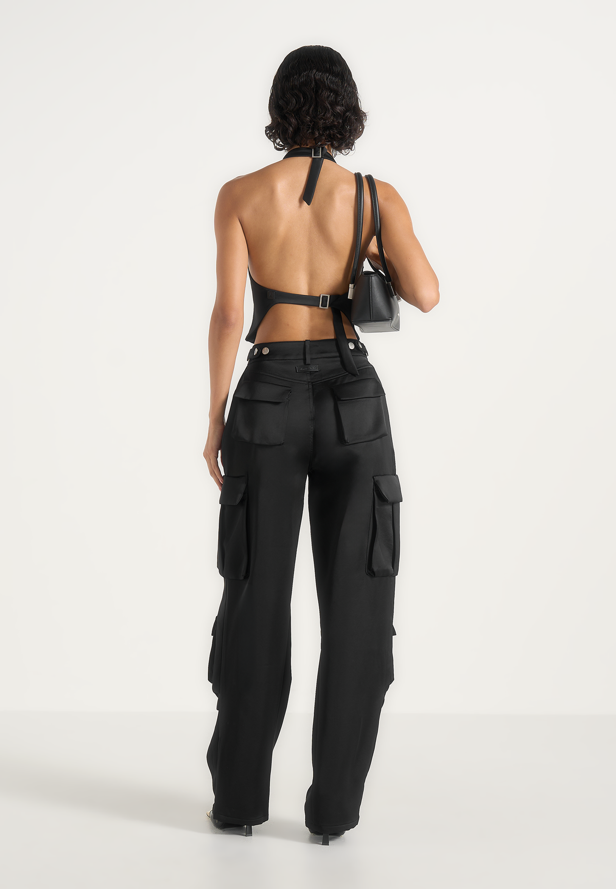 Claudette - Satin Halter Backless Top - Black