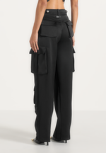 Emilie - Satin High Waisted Cargo Pants - Black