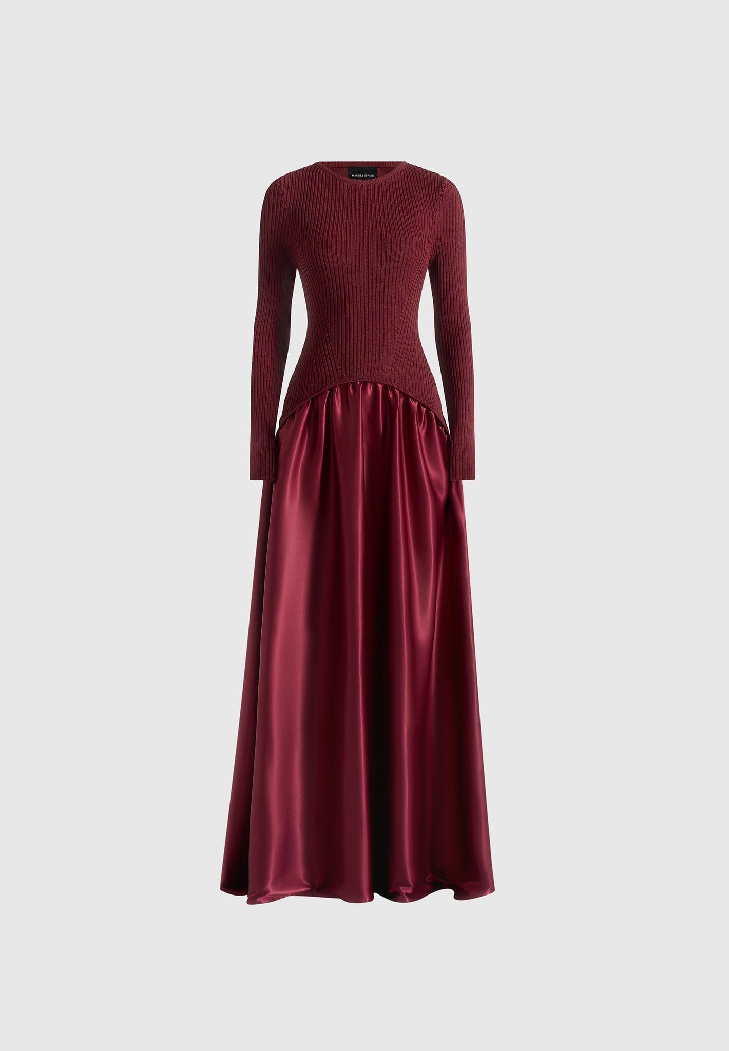 Adeline - Knit & Satin Curved Hem Maxi Dress - Wine Red Adeline - Knit & Satin Curved Hem Maxi Dress - Wine Red