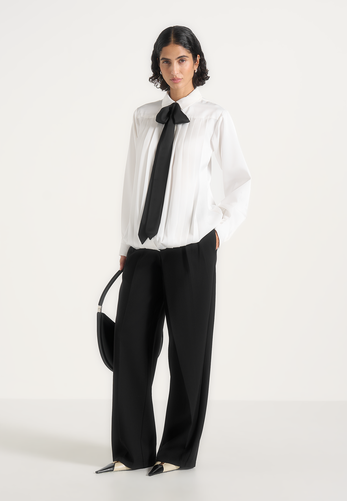 Hanelle - Satin Tie Neck Pleated Shirt - White