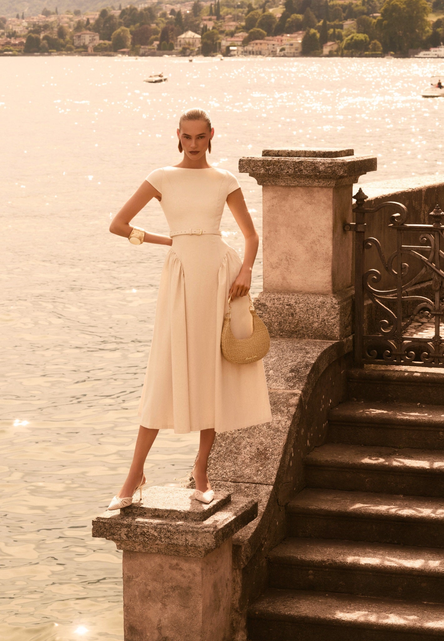 Women's Linen Boat Neck Belted Pleated Midi Dress - Natural - US 2 - Gaia