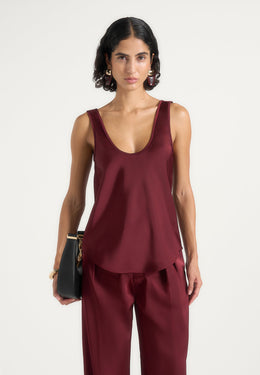 Sasha - Satin Scoop Neck Open Back Tank Top - Wine Red