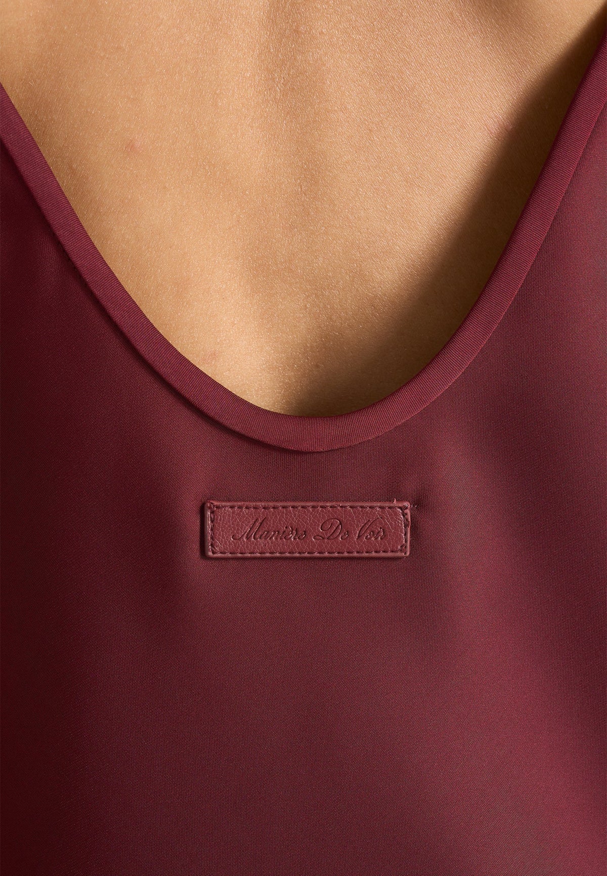 Sasha - Satin Scoop Neck Open Back Tank Top - Wine Red