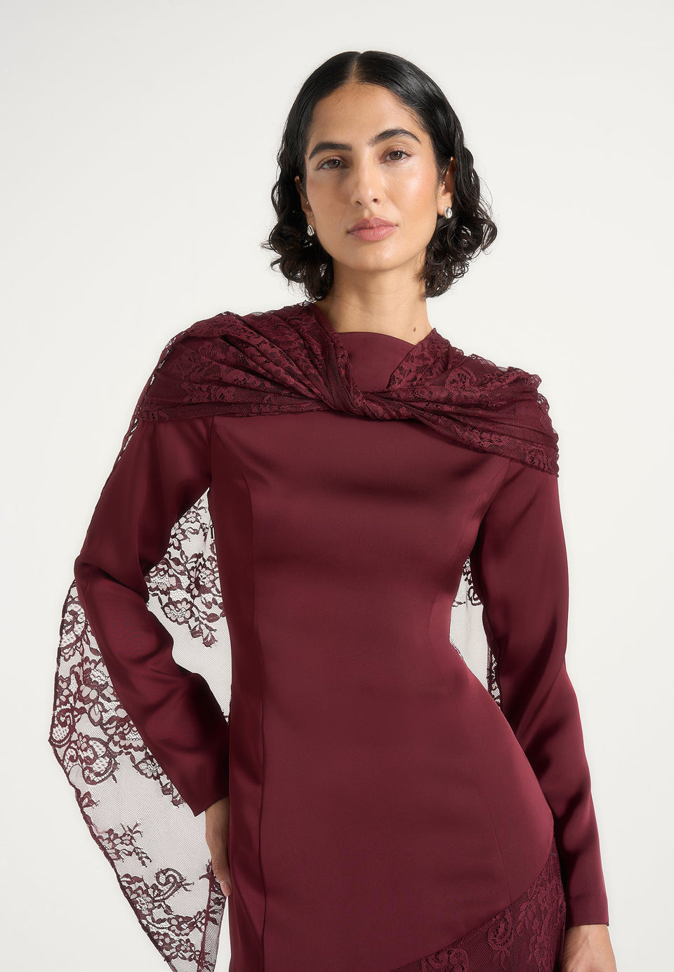 Miriam - Asymmetric Satin & Lace Maxi Dress With Lace Scarf - Wine Red