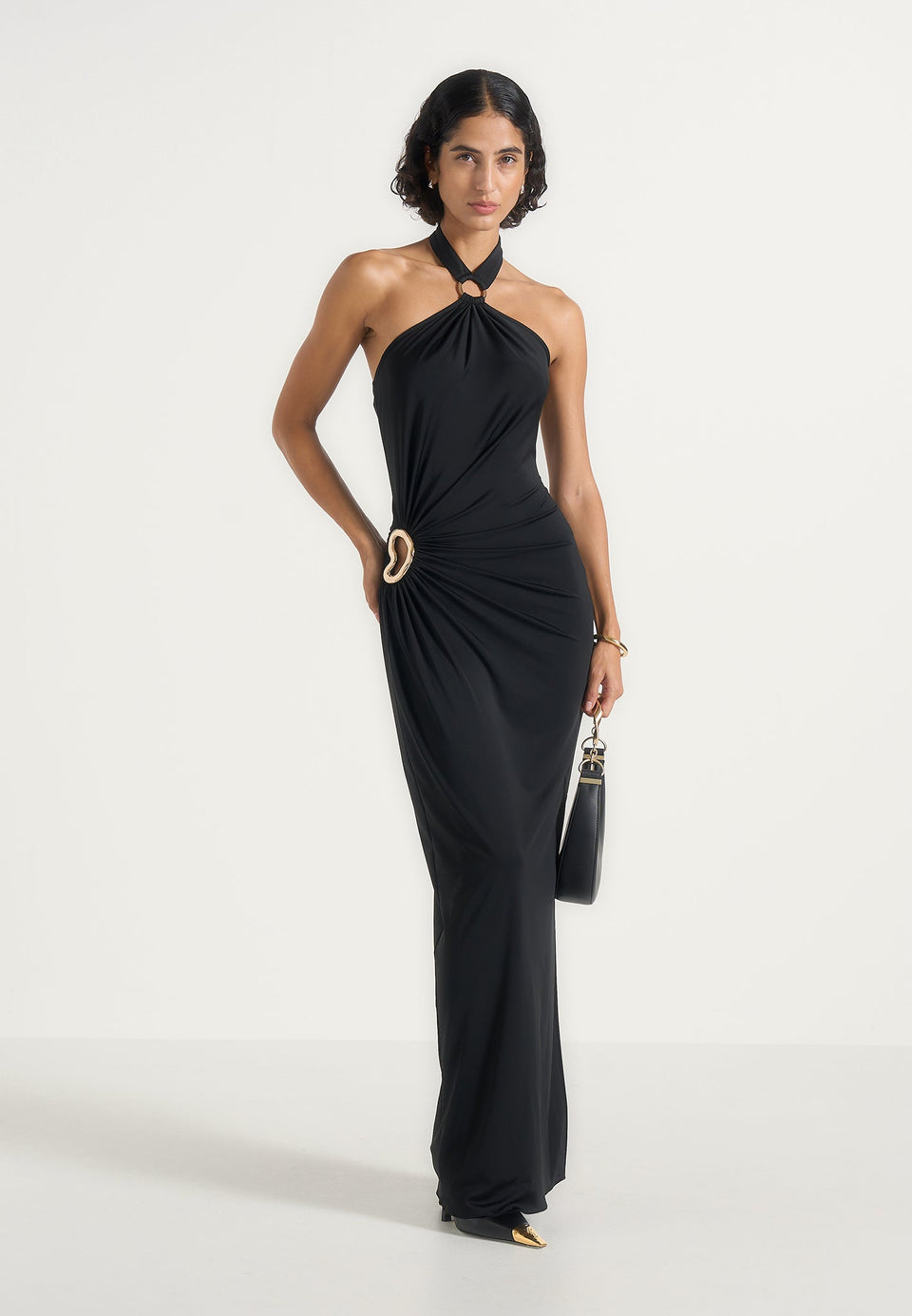 Amalia - Halter Ruched Hip Hardware Maxi Dress - Black