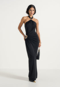 Amalia - Halter Ruched Hip Hardware Maxi Dress - Black