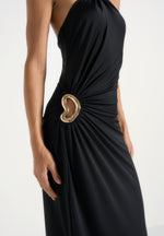 Amalia - Halter Ruched Hip Hardware Maxi Dress - Black