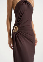 Amalia - Halter Ruched Hip Hardware Maxi Dress - Brown