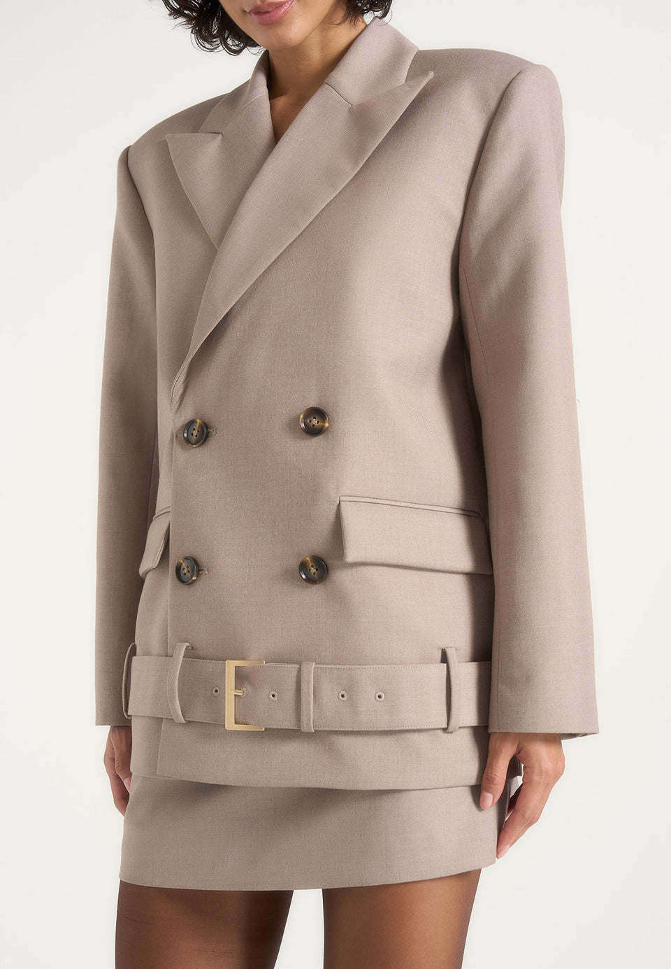 Aisha - Oversized Belted Double-Breasted Blazer - Taupe
