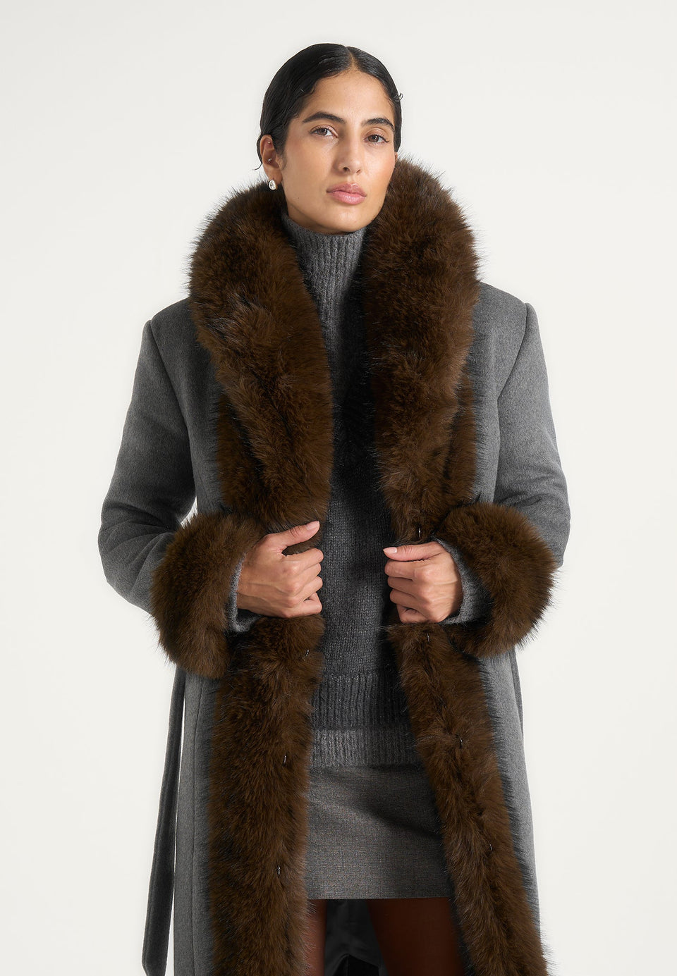 Kate - Fur Trim Belted Wool Maxi Coat - Grey