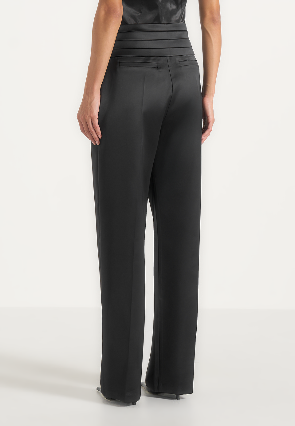 Fallon - Pleated Waistband Straight Leg Pants - Black
