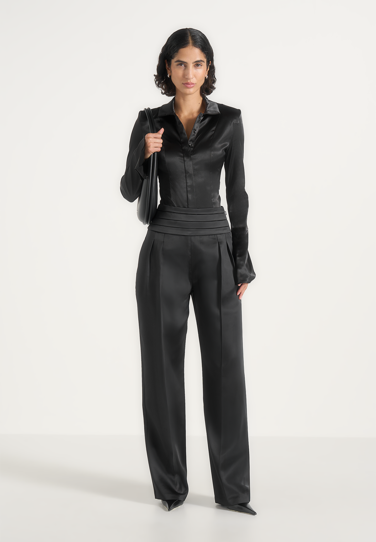 Fallon - Pleated Waistband Straight Leg Pants - Black
