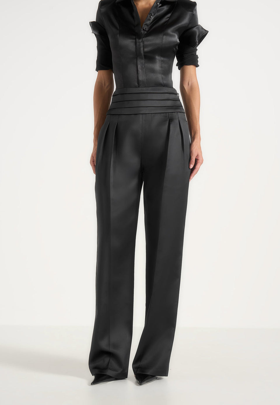Fallon - Pleated Waistband Straight Leg Pants - Black
