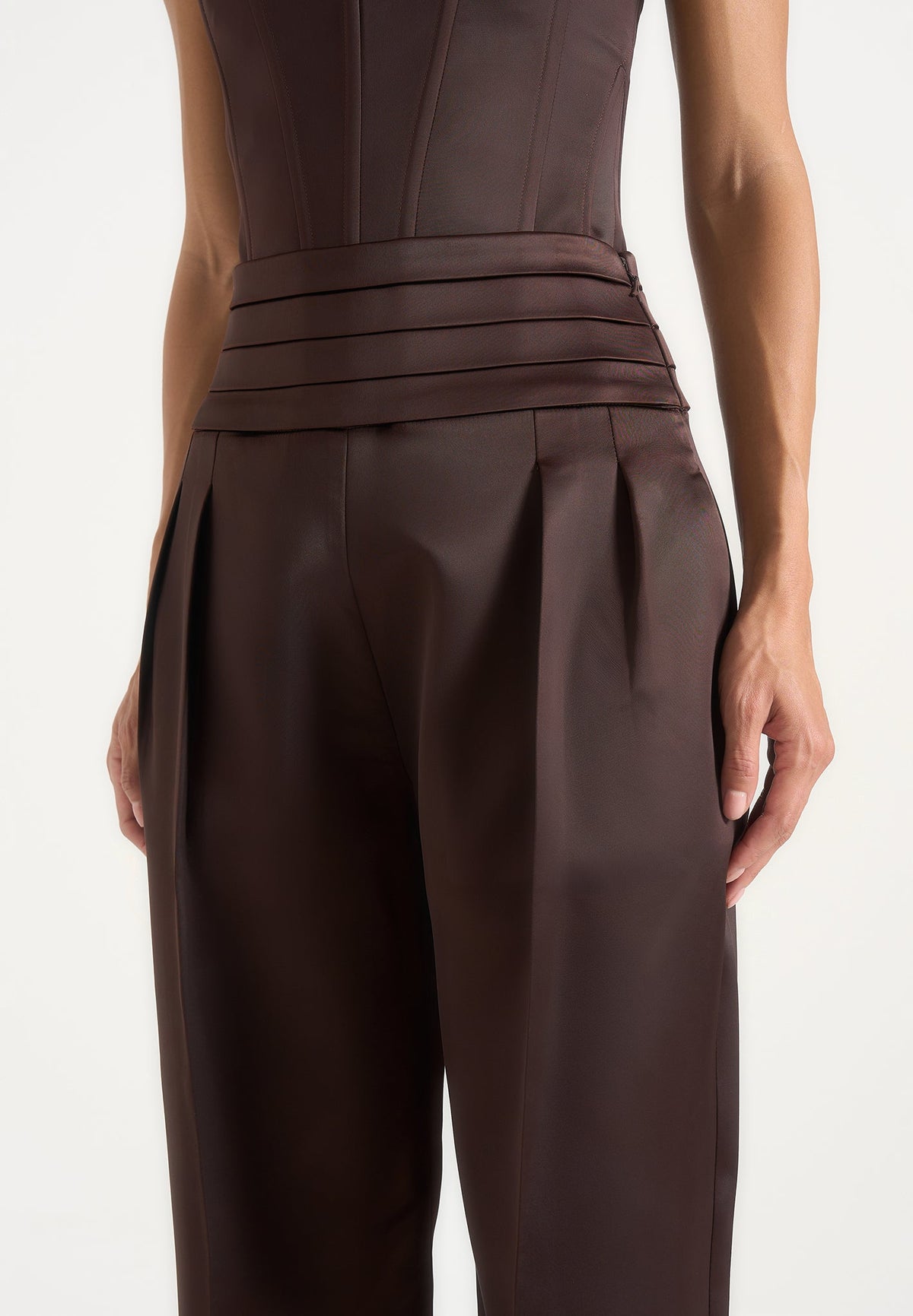 Fallon - Pleated Waistband Straight Leg Pants - Brown