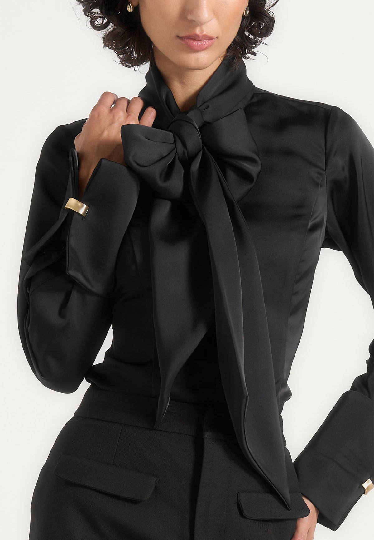 Wilona - Hourglass Scarf Neck Shirt - Black