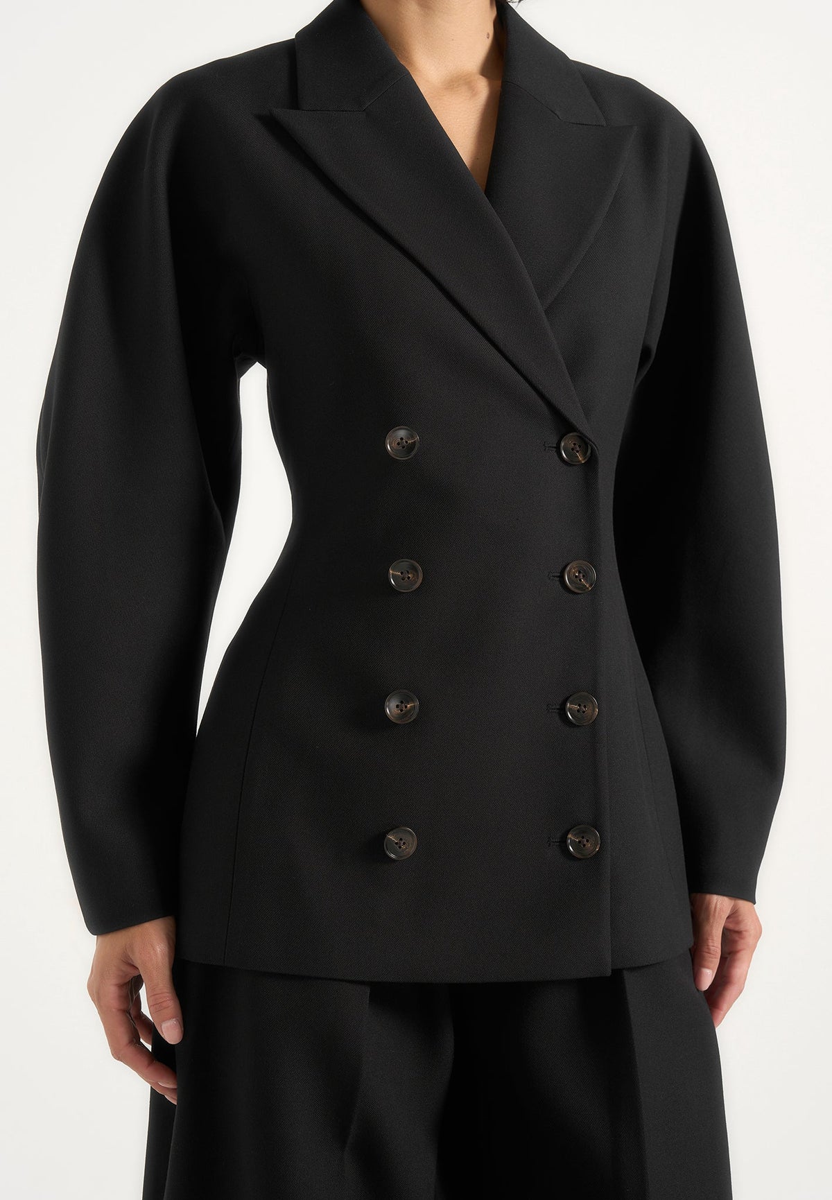 Greer - Wool-Blend Balloon Sleeve Double Breasted Blazer - Black