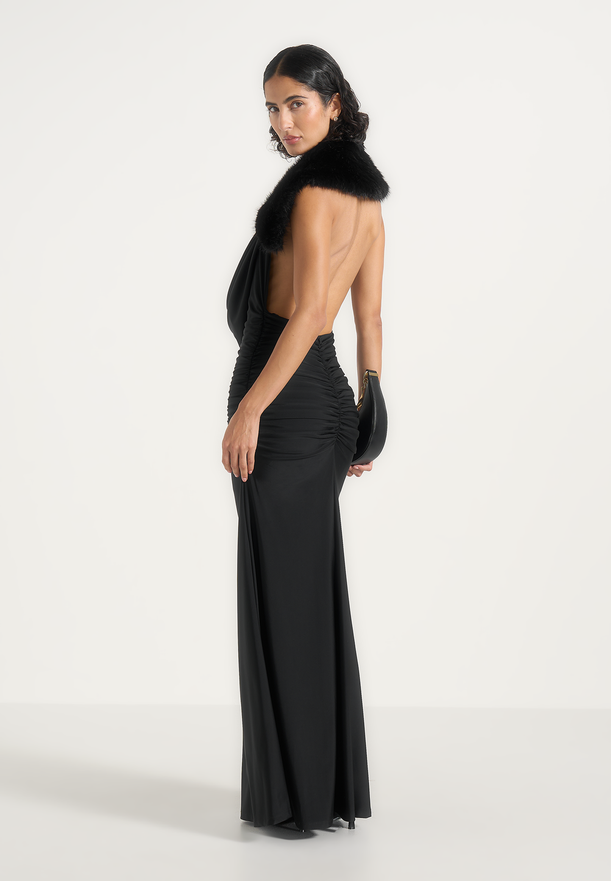 Betsy - Fur Stole Cowl Neck Maxi Dress - Black
