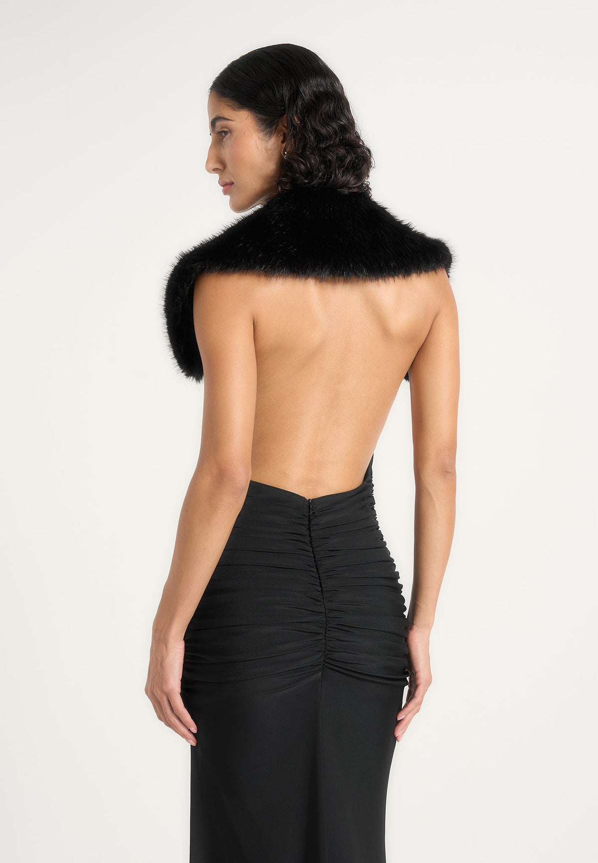 Betsy - Fur Stole Cowl Neck Maxi Dress - Black