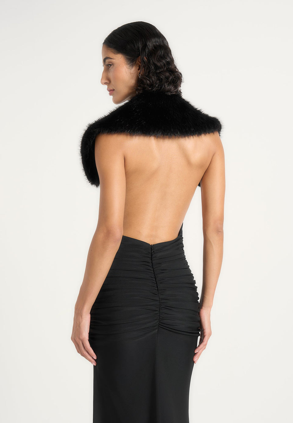 Betsy - Fur Stole Cowl Neck Maxi Dress - Black