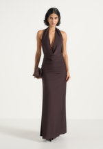 Betsy - Fur Stole Cowl Neck Maxi Dress - Brown