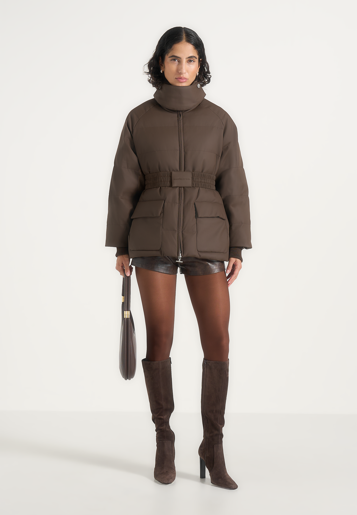 Kaia - Belted Puffer Jacket - Brown