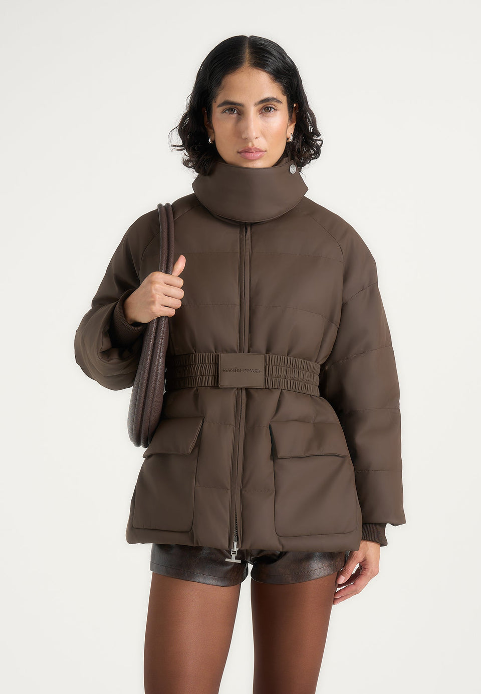 Kaia - Belted Puffer Jacket - Brown