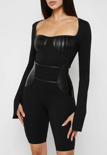Pleated Leather & Bandage Playsuit - Black