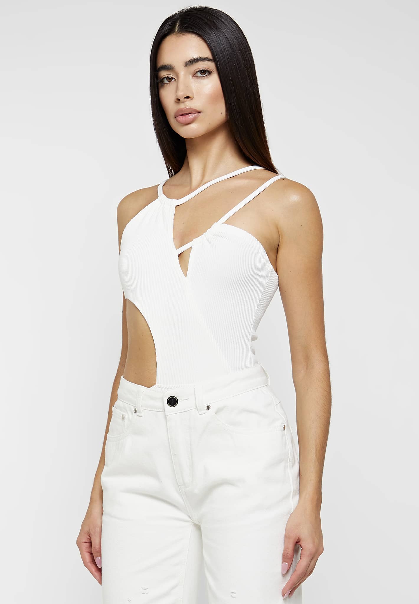 Ribbed Cut Out Bodysuit - Off White