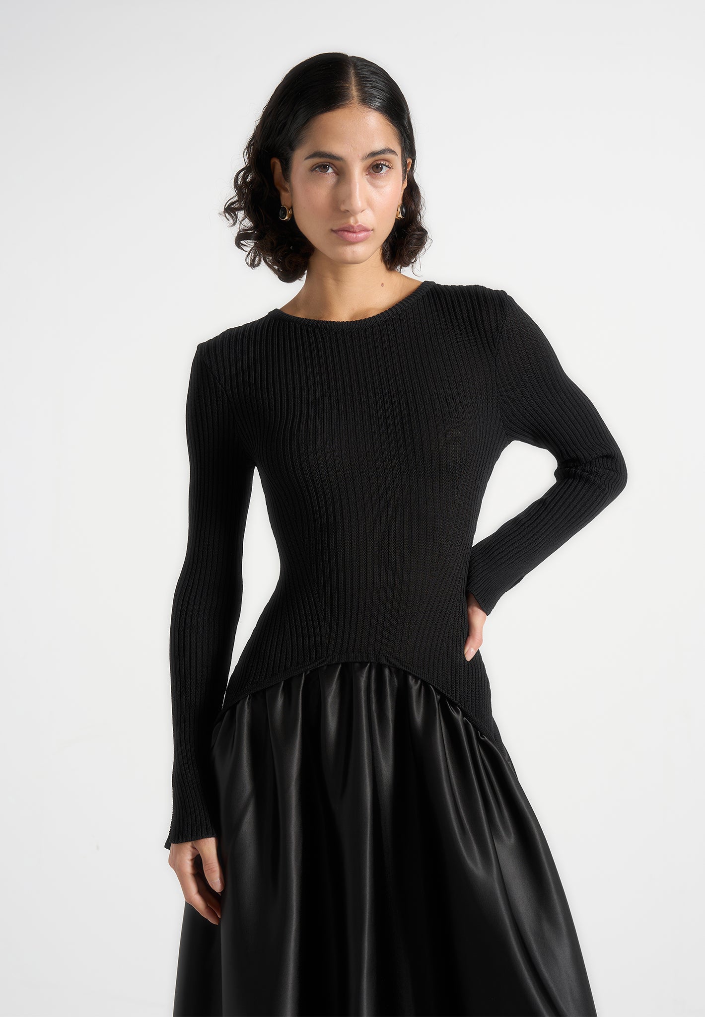 Adeline - Knit & Satin Curved Hem Maxi Dress - Black | Manire De Voir USA Adeline - Knit & Satin Curved Hem Maxi Dress - Black | Manire De Voir USA