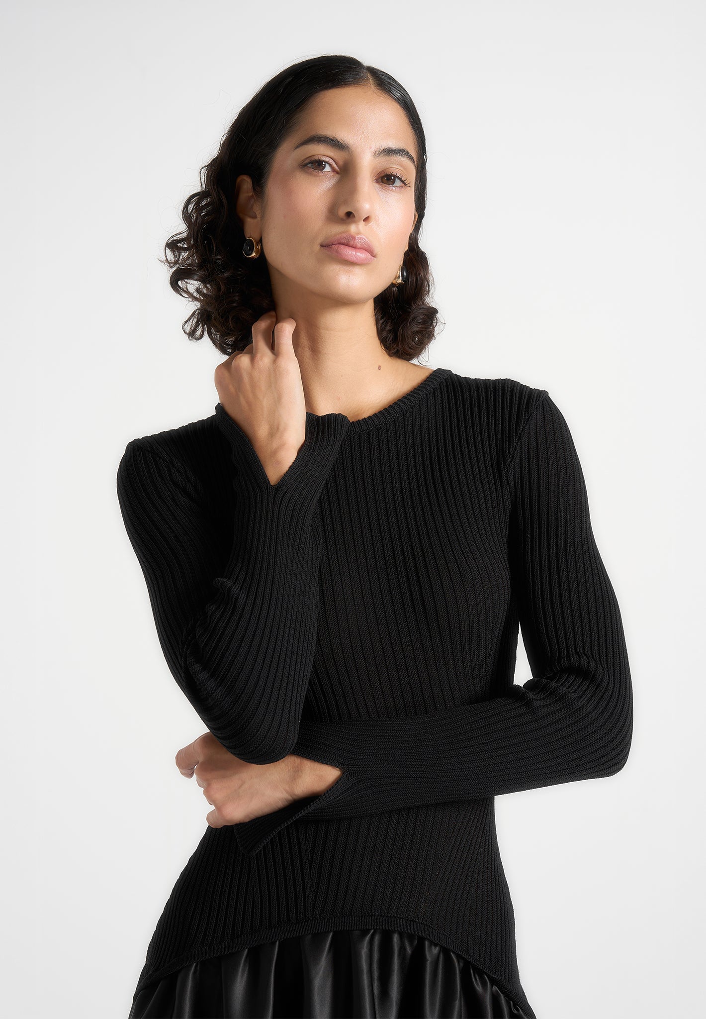 Adeline - Knit & Satin Curved Hem Maxi Dress - Black | Manire De Voir USA Adeline - Knit & Satin Curved Hem Maxi Dress - Black | Manire De Voir USA