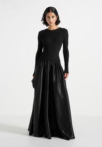 Adeline - Knit & Satin Curved Hem Maxi Dress - Black