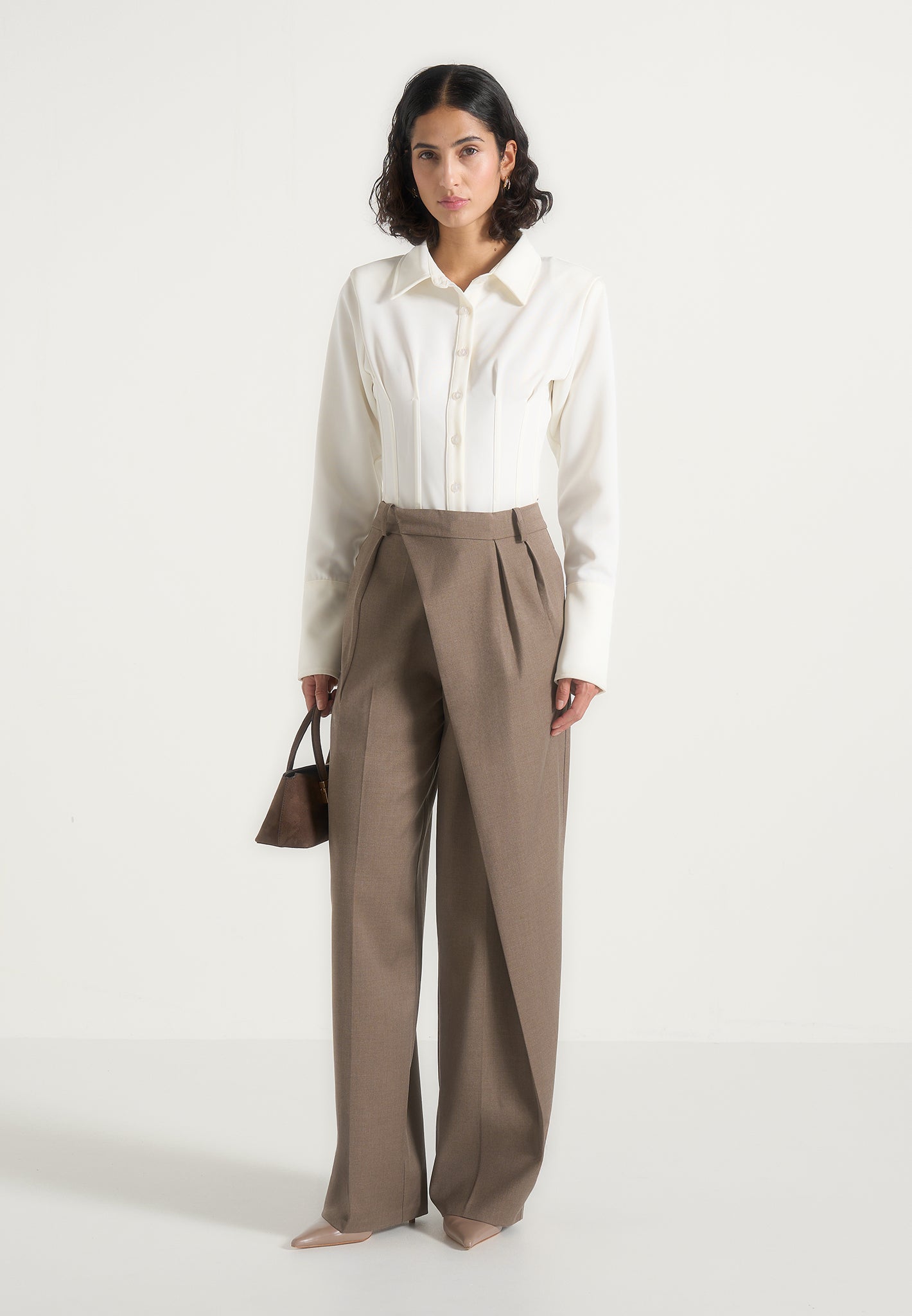 Colette - Tailored Wrap Pleat Pants - Taupe | Manière De Voir USA