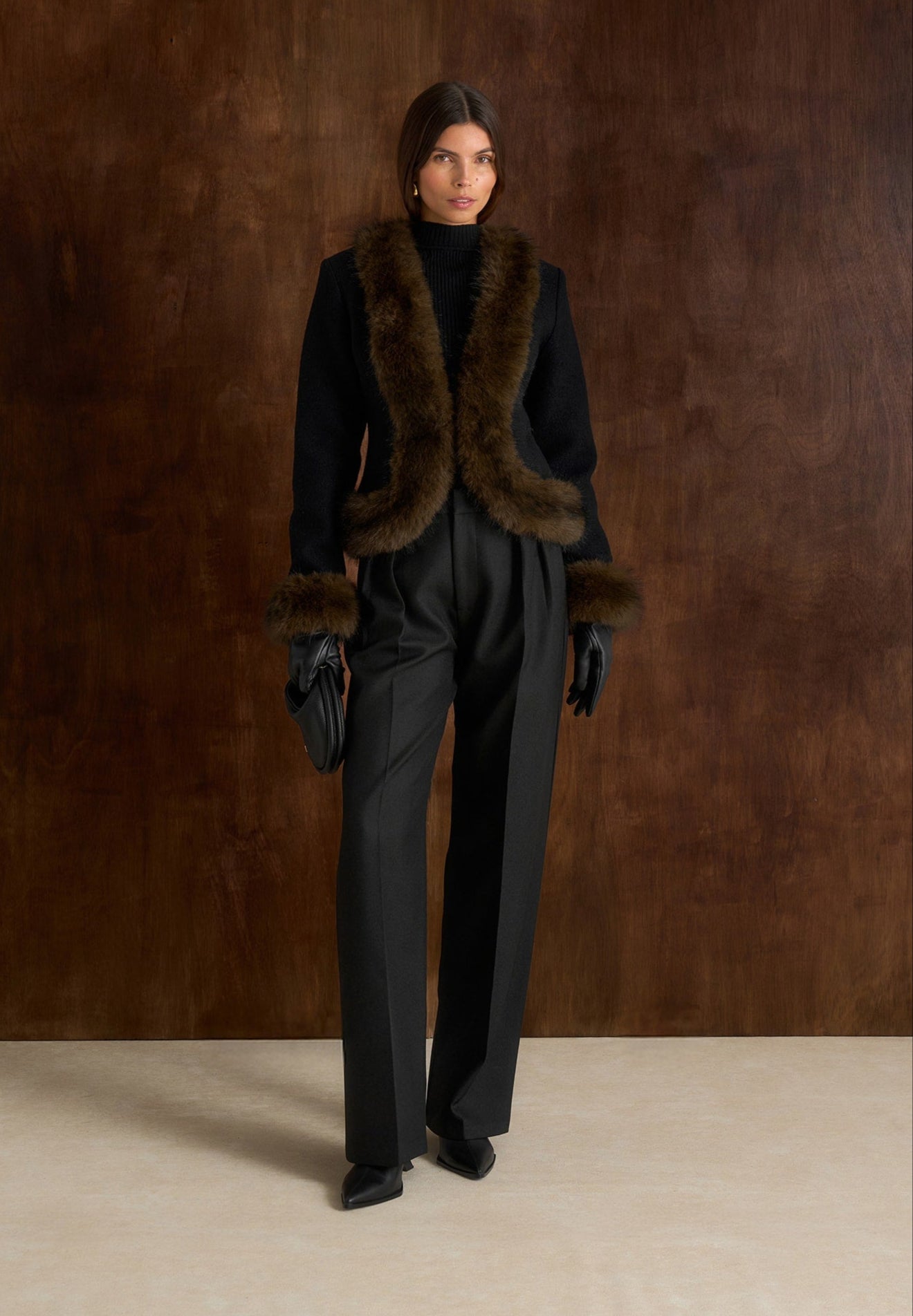 Lina - Sculpted Wool & Fur Trim Jacket - Black | Manire De Voir USA Lina - Sculpted Wool & Fur Trim Jacket - Black | Manire De Voir USA