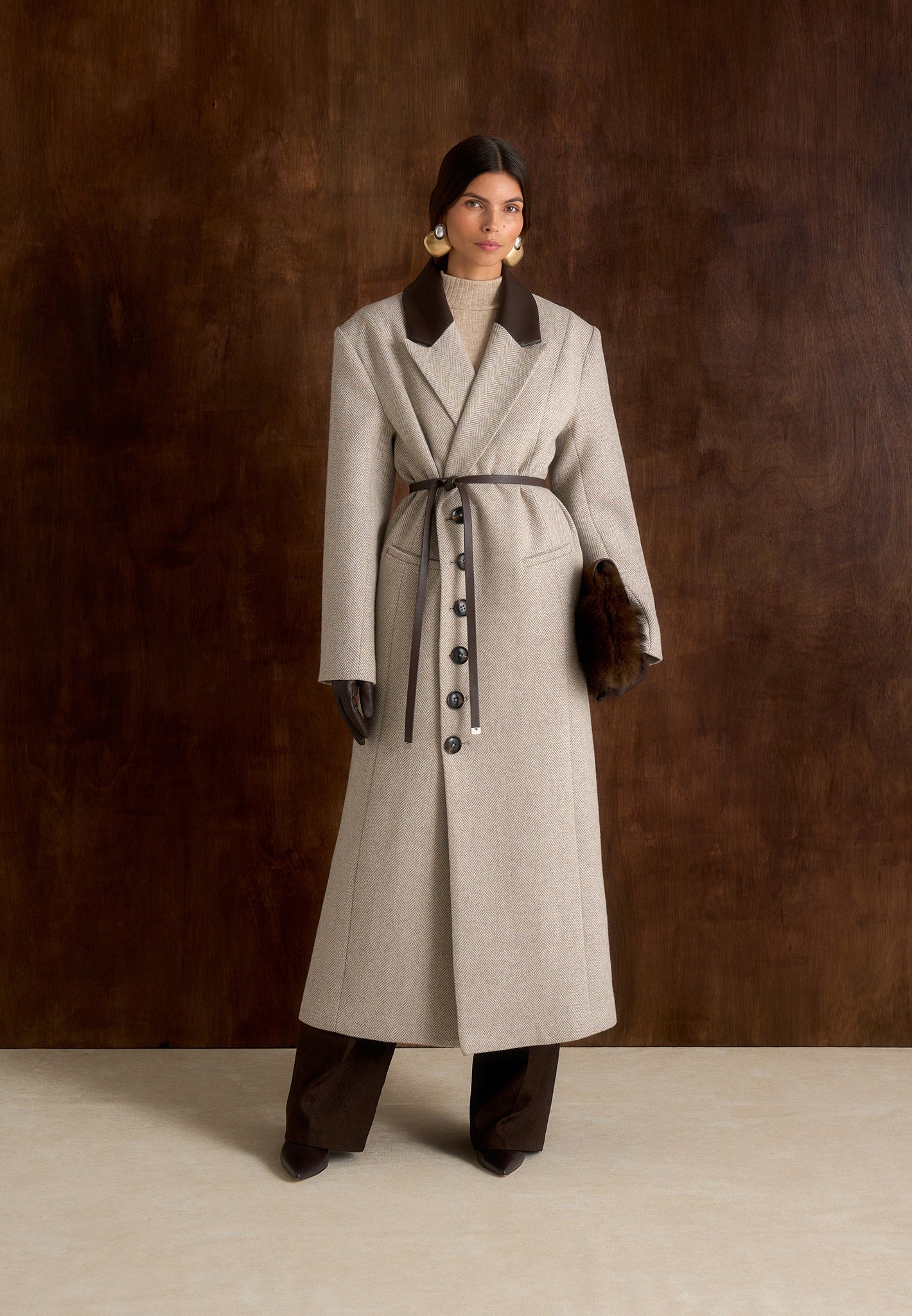【美品】＜H＞ AETHTETIC BELTED COAT/コート Anissa - Herringbone Wool Oversized Coat with Leather Belt - Beige
