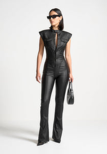 Annette - Wax Coated Denim Jumpsuit - Black