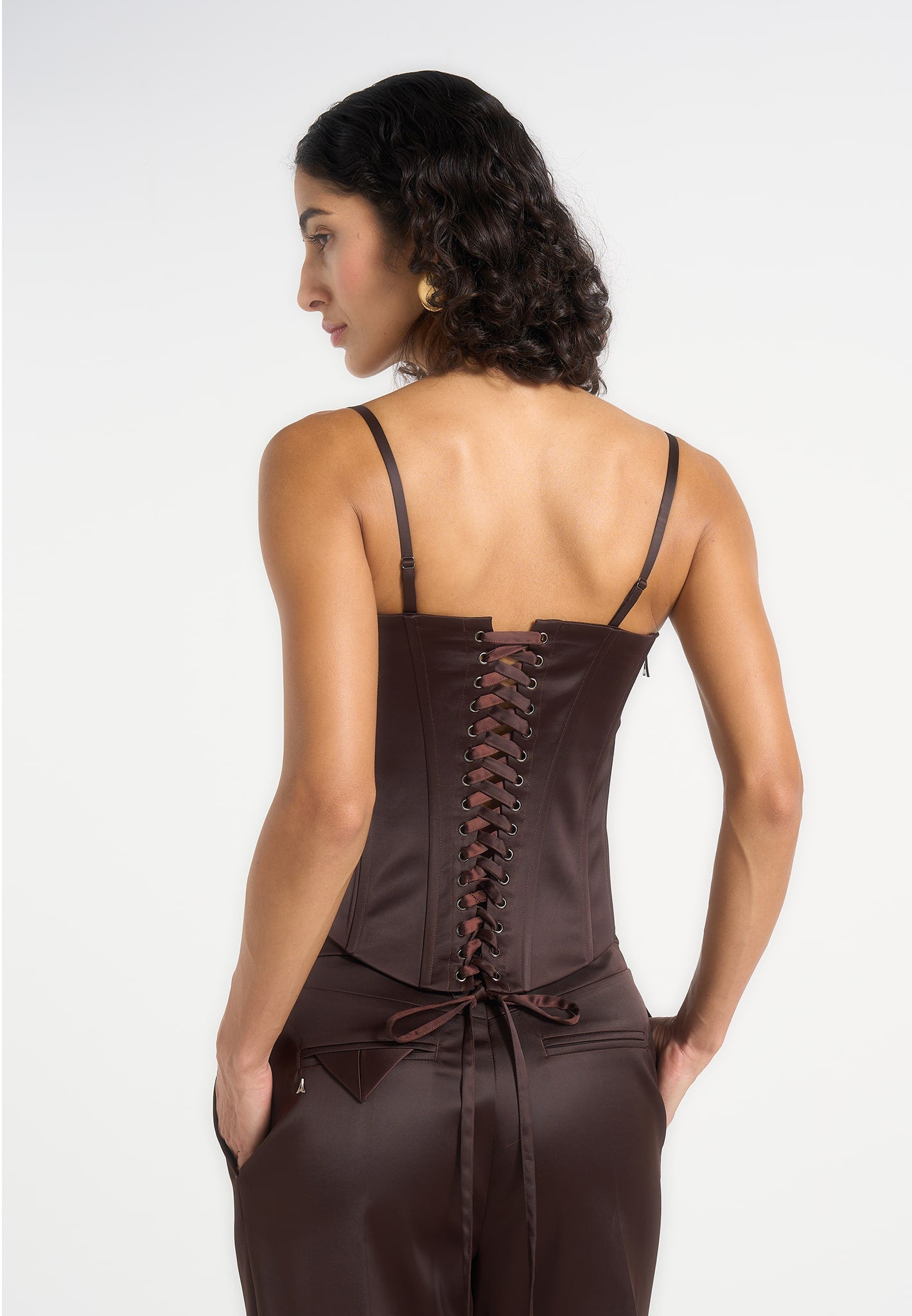 Scarlett - Satin Lace Up Corset - Brown 