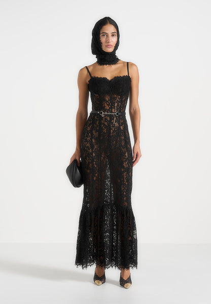 ワンピース Lace trimmed belted dress Freya - Belted Lace Maxi Dress - Black | Manière De Voir USA