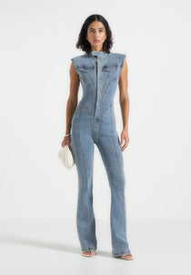 Annette - Denim Seam Detail Fit & Flare Jumpsuit - Mid Blue