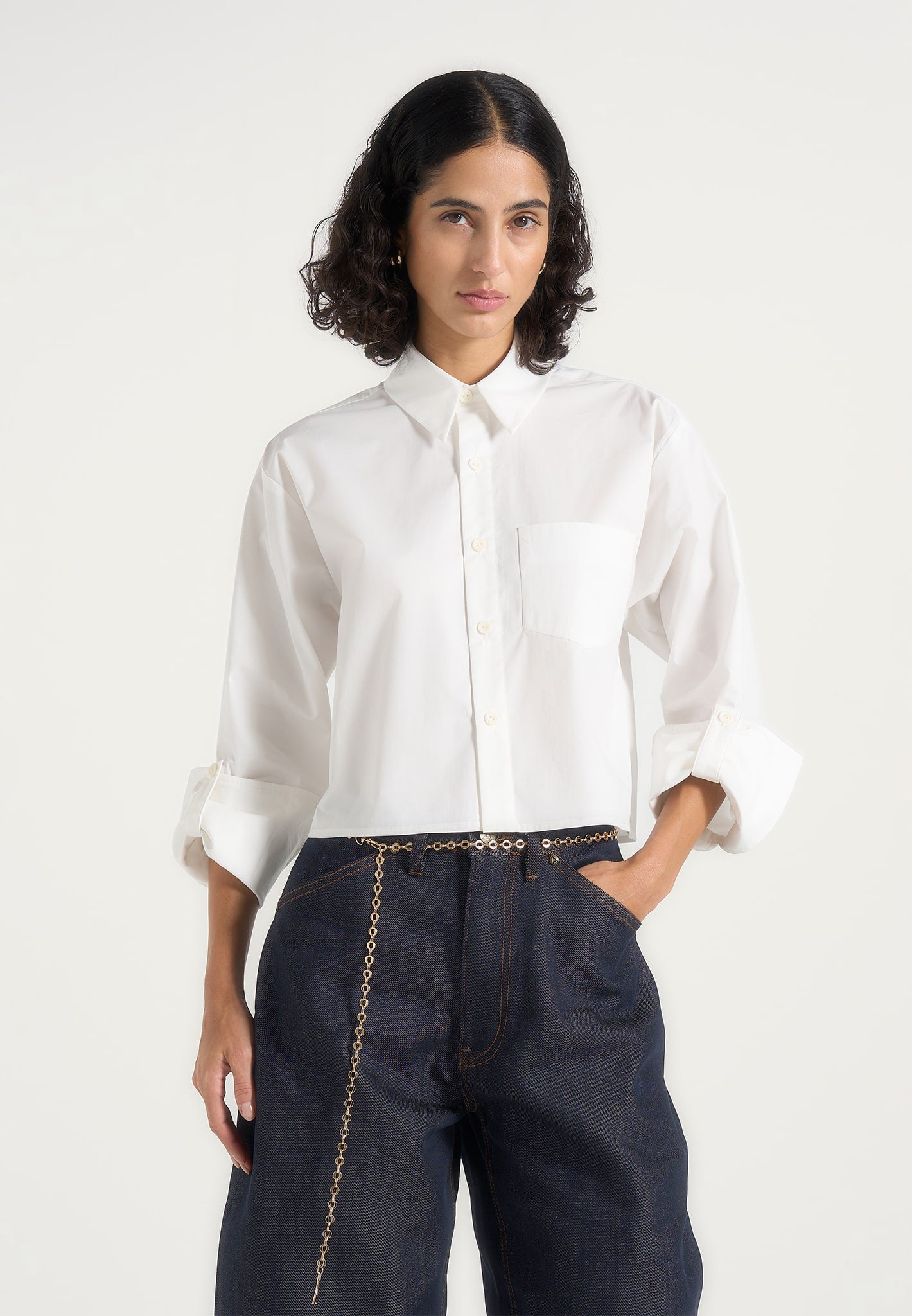 Maura - Oversized Cropped Roll Sleeve Cotton Shirt - White