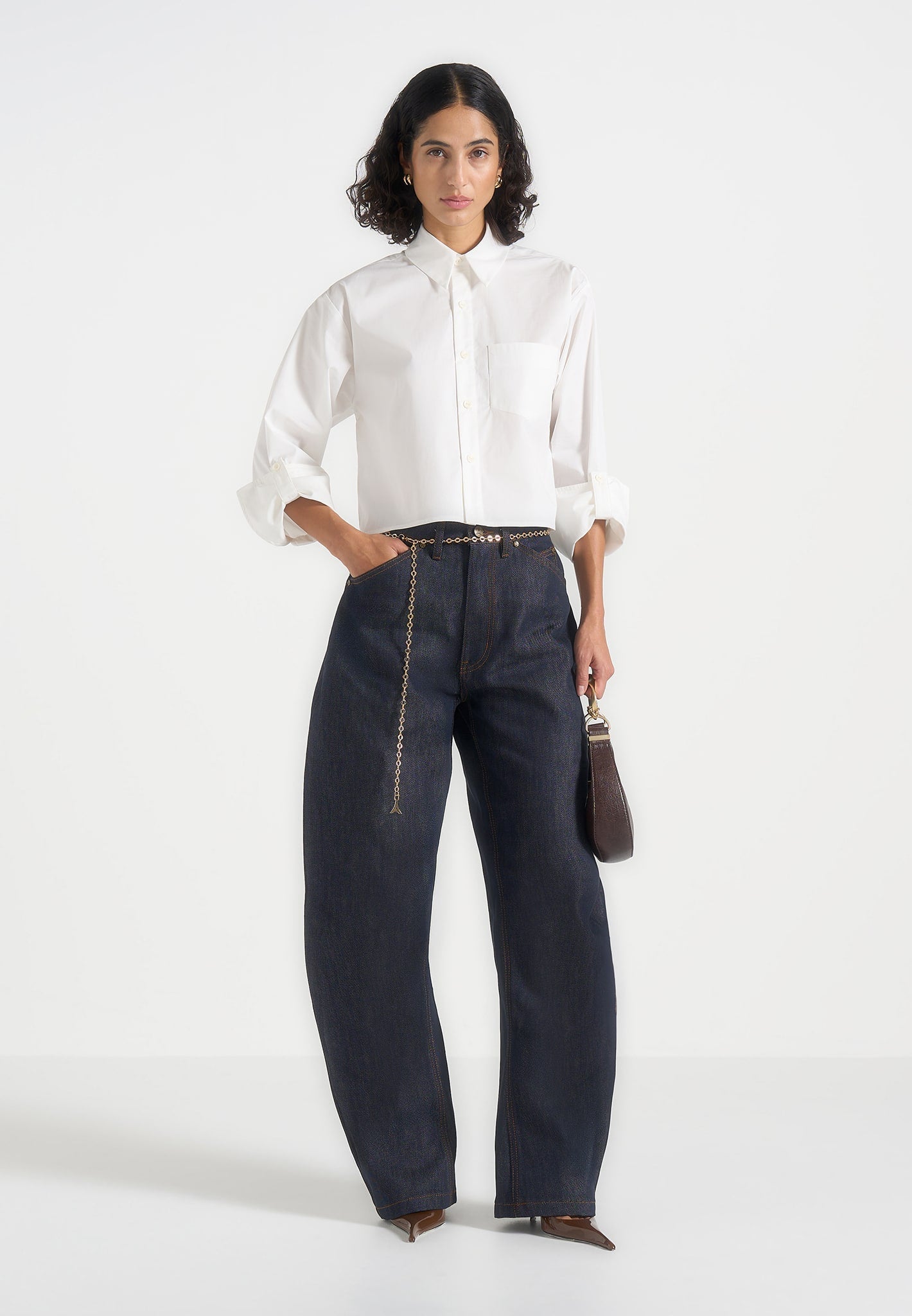 Maura - Oversized Cropped Roll Sleeve Cotton Shirt - White 