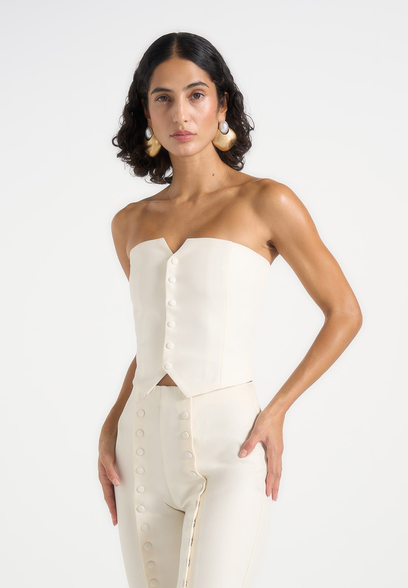 Lise - Cropped Tailored Blazer & Button Detail Bandeau - Off White 
