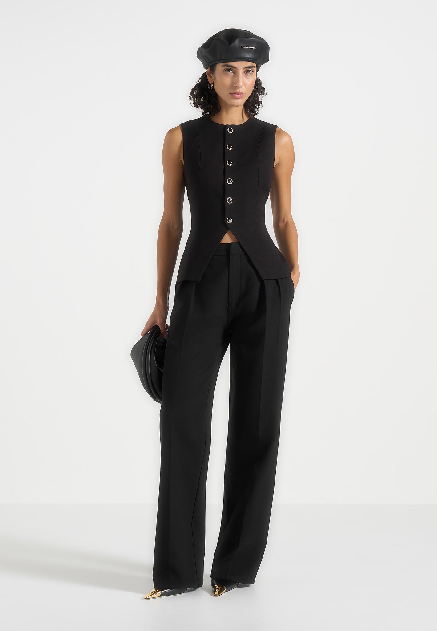 Maisie - Tailored Crew Neck Cinch Suit Vest - Black 