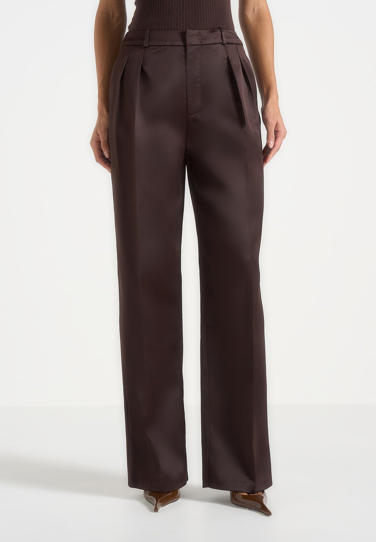 Julie - Satin Twin Pleat Pants - Brown