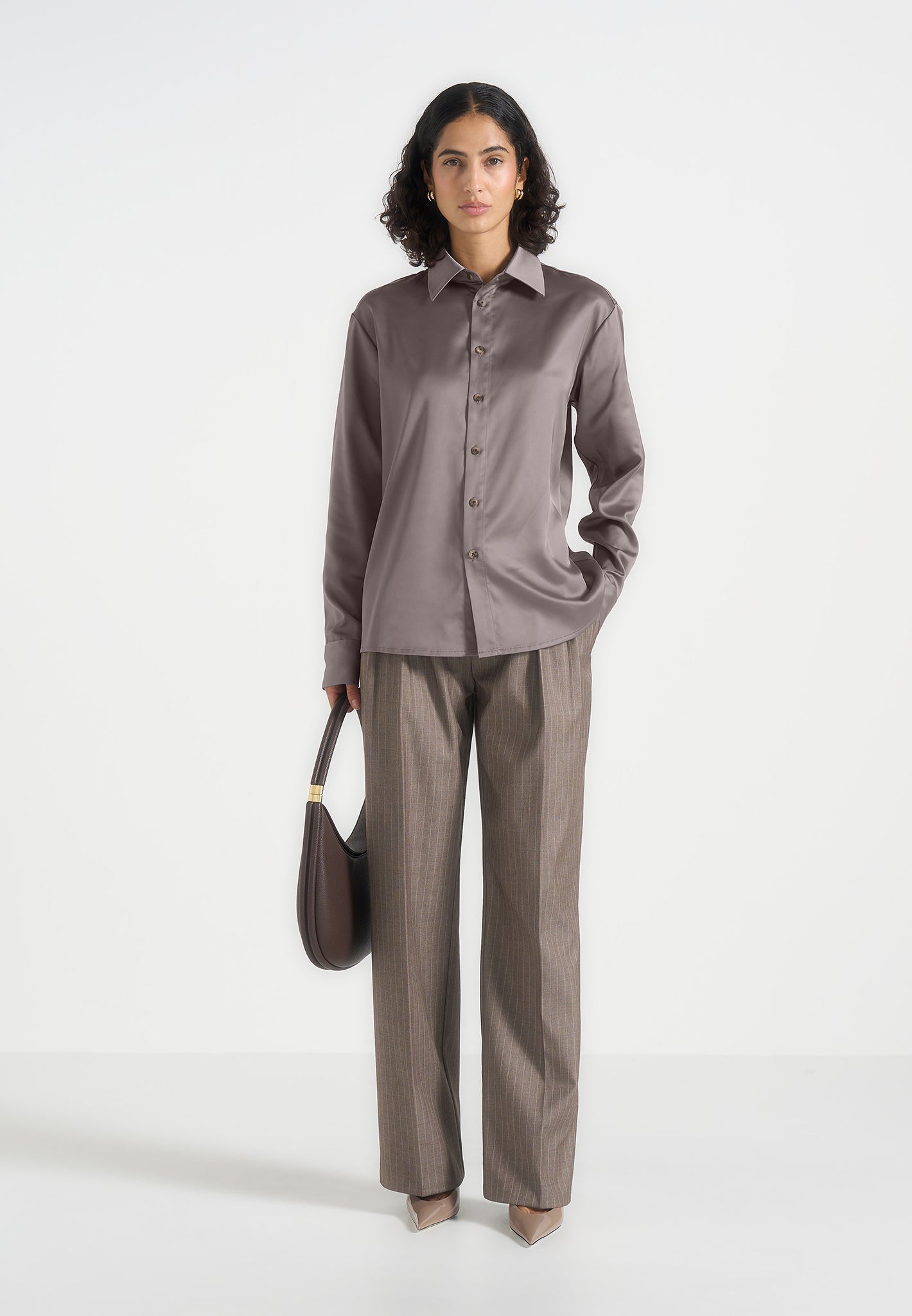 Unisex Oversized Satin Shirt - Taupe - XS - Carter
