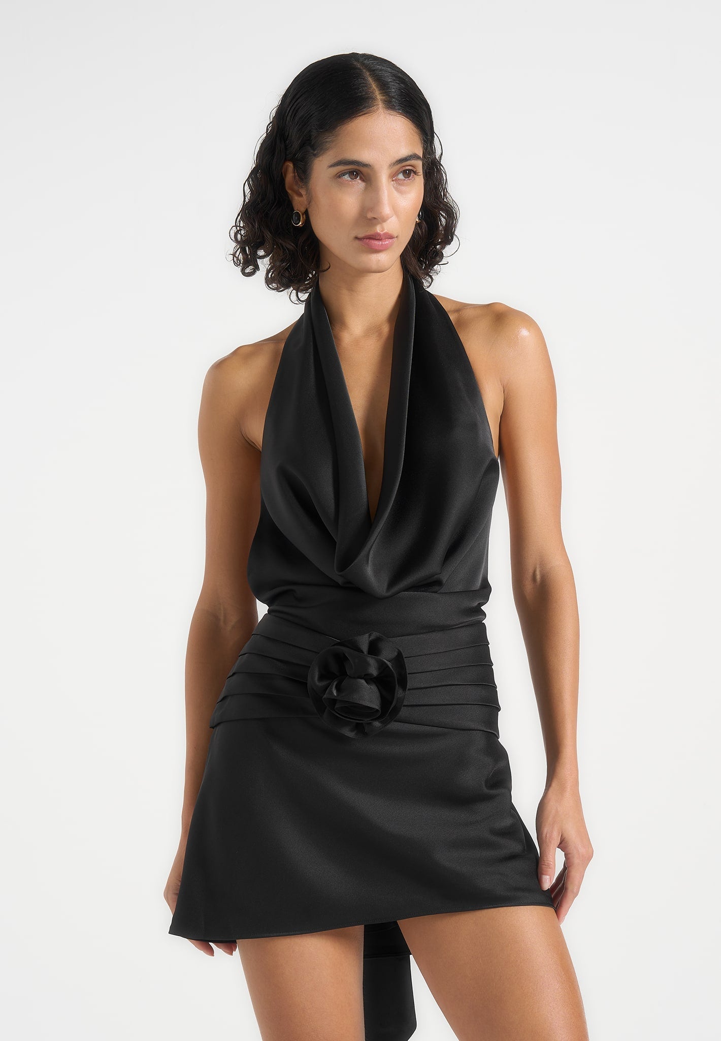 Christelle - Cowl Halter Open Back Rosette Mini Dress - Black | Manire De Voir USA Christelle - Cowl Halter Open Back Rosette Mini Dress - Black | Manire De Voir USA