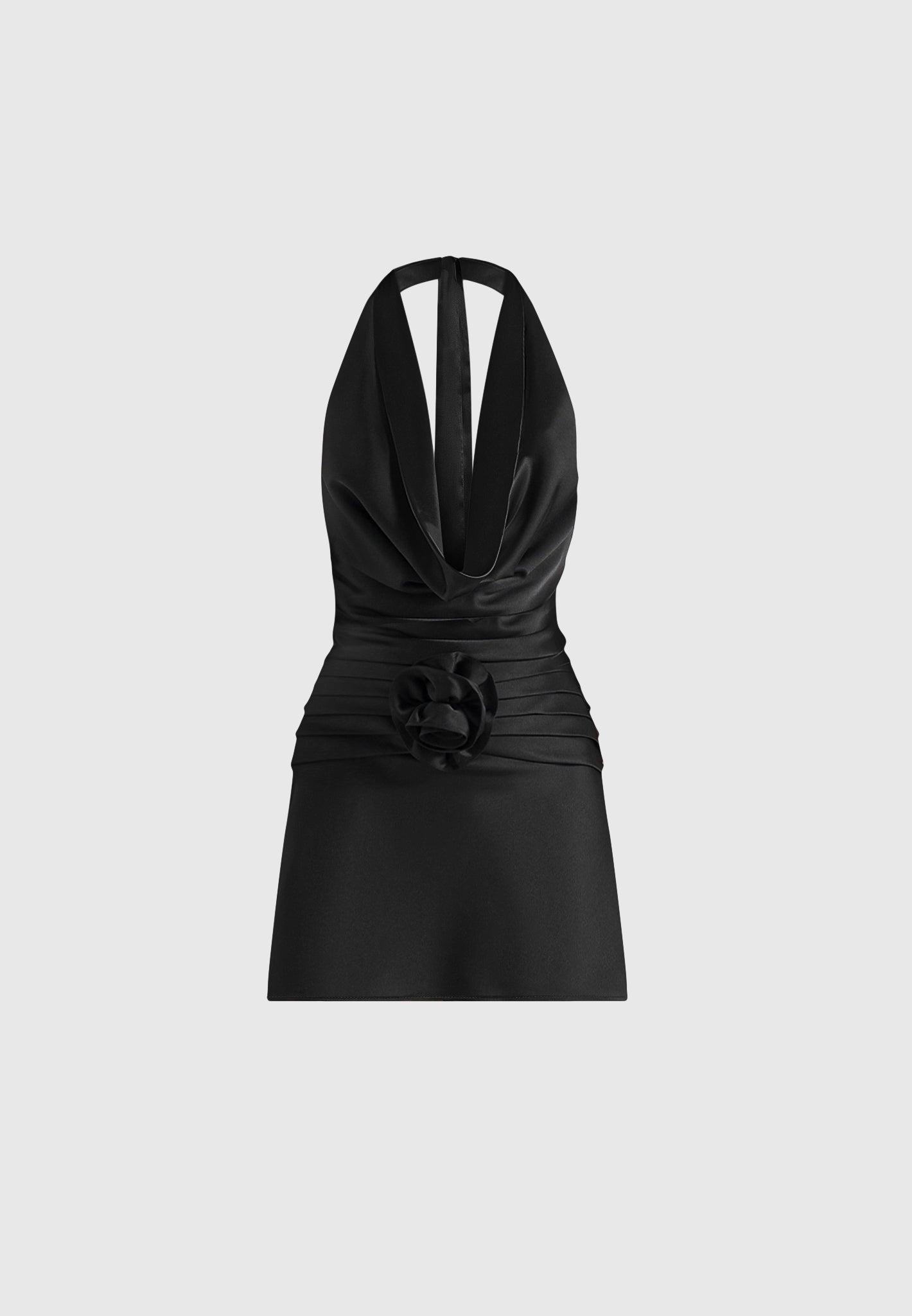 Christelle - Cowl Halter Open Back Rosette Mini Dress - Black