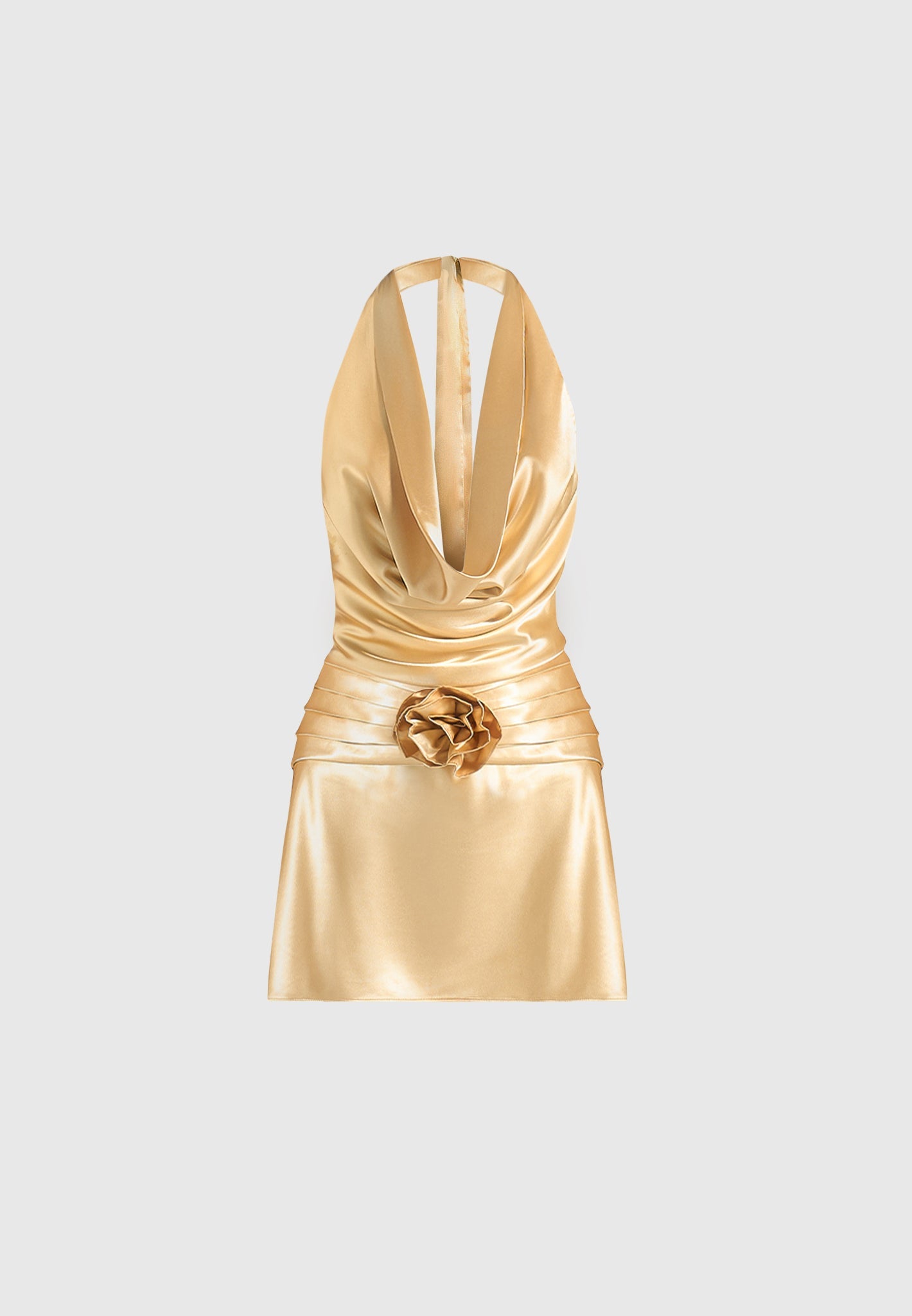Women's Cowl Halter Open Back Rosette Mini Dress - Gold - US 0 - Christelle