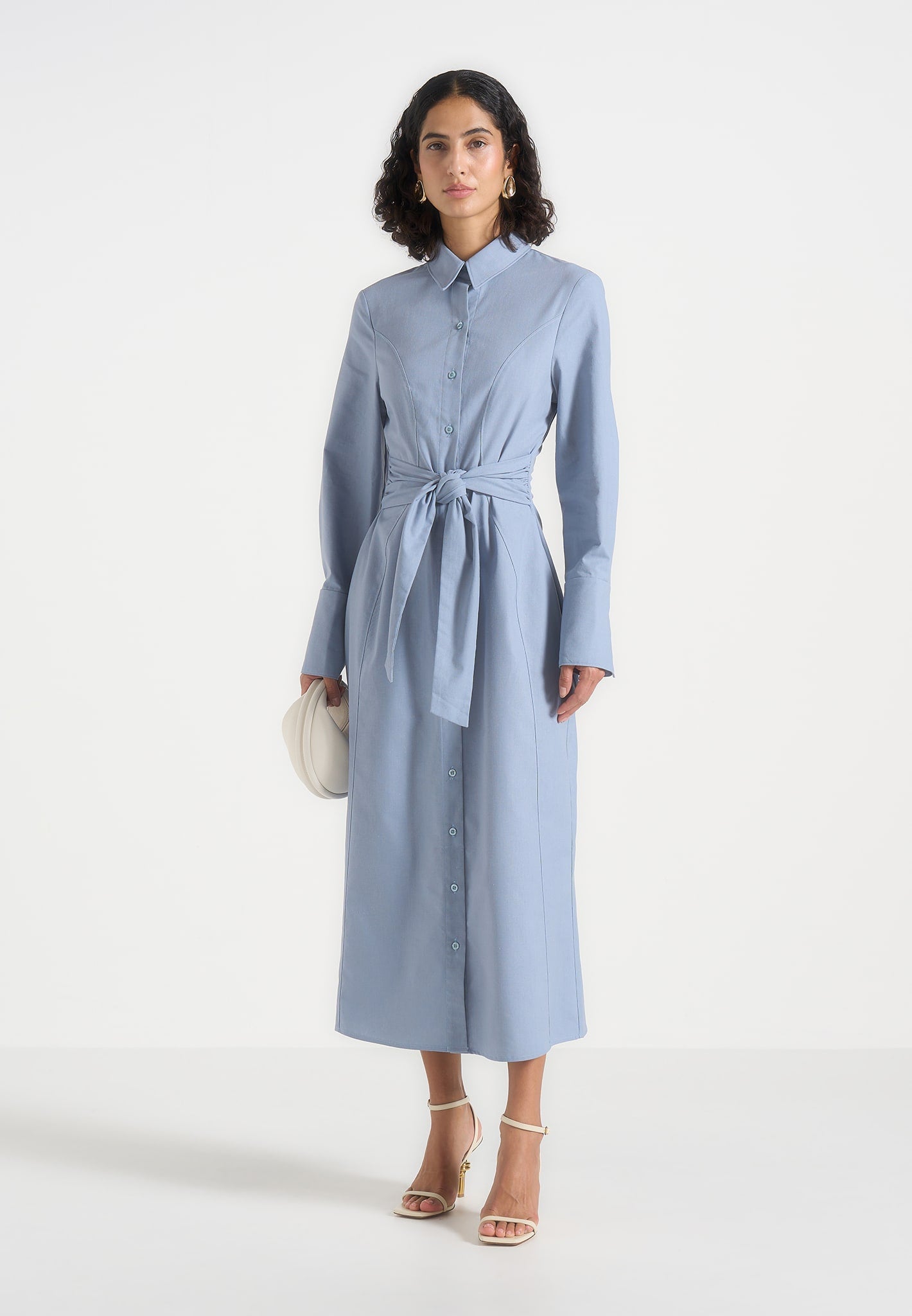 Women's Linen Midi Shirt Dress With Tie Waist - Blue - US 6 - Fern