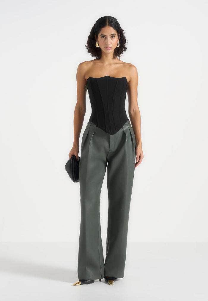 Julie - Leather Twin Pleat Pants - Olive