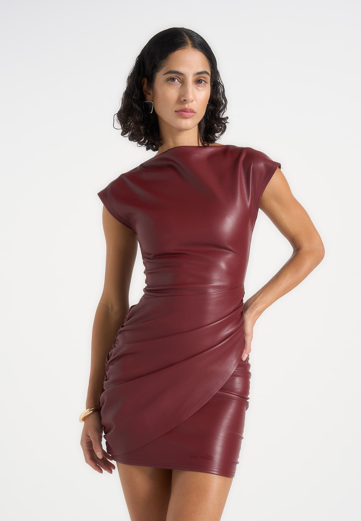 Women's Leather Boat Neck Ruched Dress - Red - US 6 - Tina